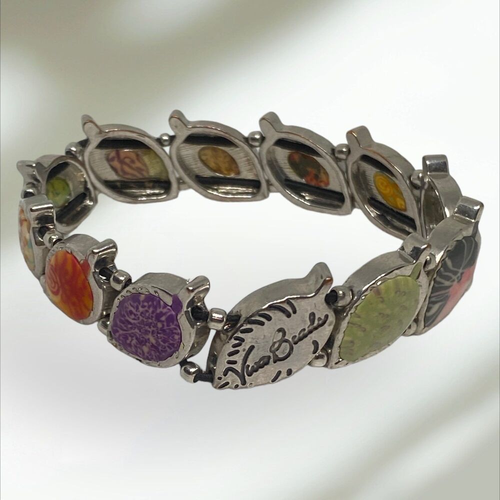 Vera Bradley multicolor clay pebble silvertone leaf stretchy bracelet colorful